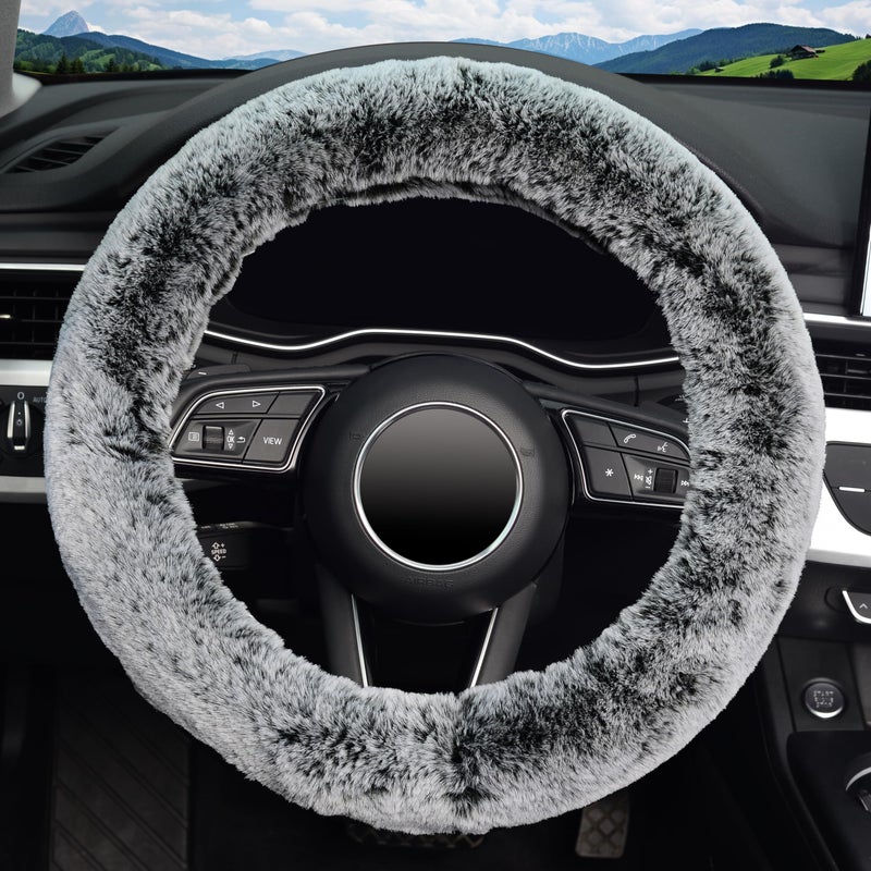KAFEEK Frost Fluffy Microfiber Plush Steering Wheel Cover for Winter Warm, Universal 15 inch Soft Fuzzy Steering Wheel Cover,Cool Black - Image 2